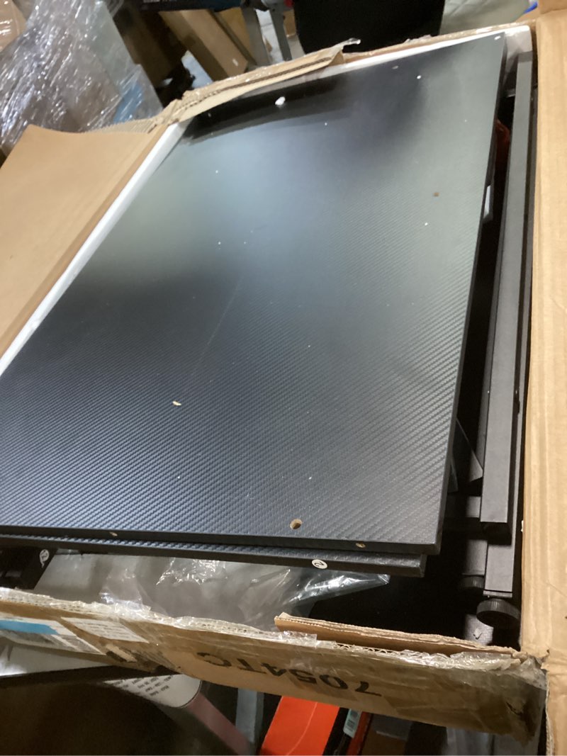 Condition photo showing As Is for Huuger L Shaped Gaming Desk with Power Outlets & LED Lights, Computer Desk with Monitor Shelves, Carbon Fiber Surface, Home Office Desk, Corner Gaming Desk with Hooks, Black