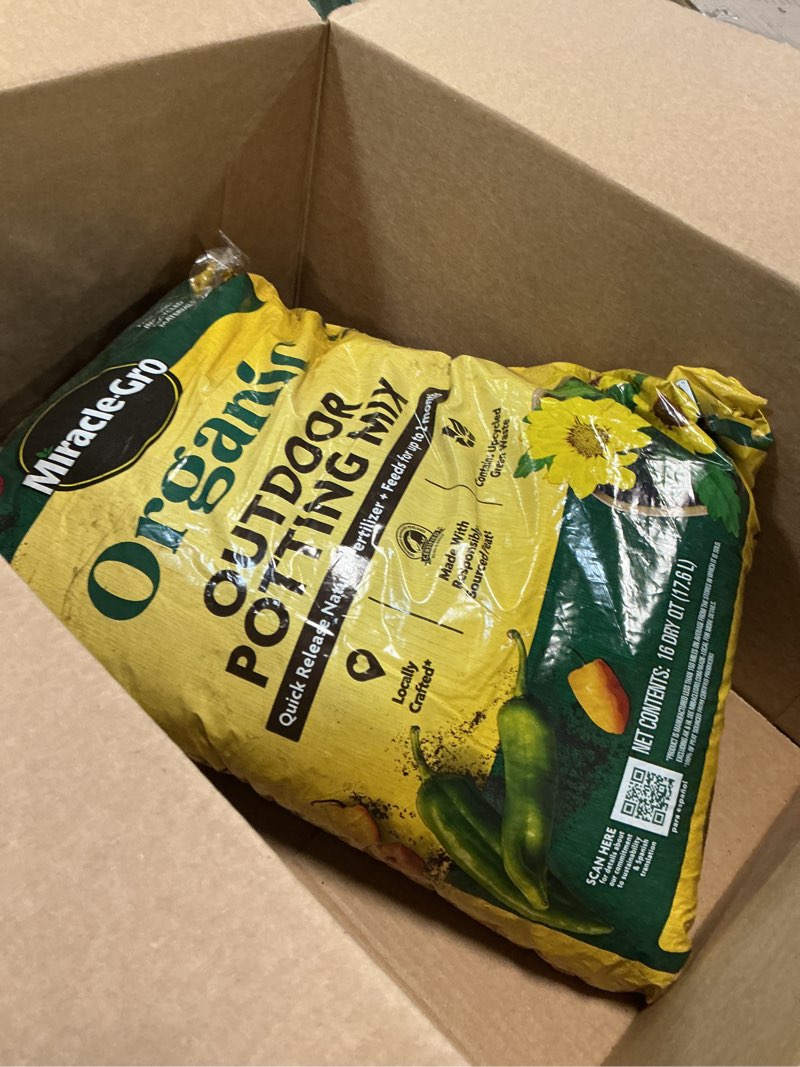 Condition photo showing As Is for miracle-gro organic outdoor potting mix - plant soil for outdoor container plants, contains quick-release natural fertilizer, omri listed, 16 qt. 16qt