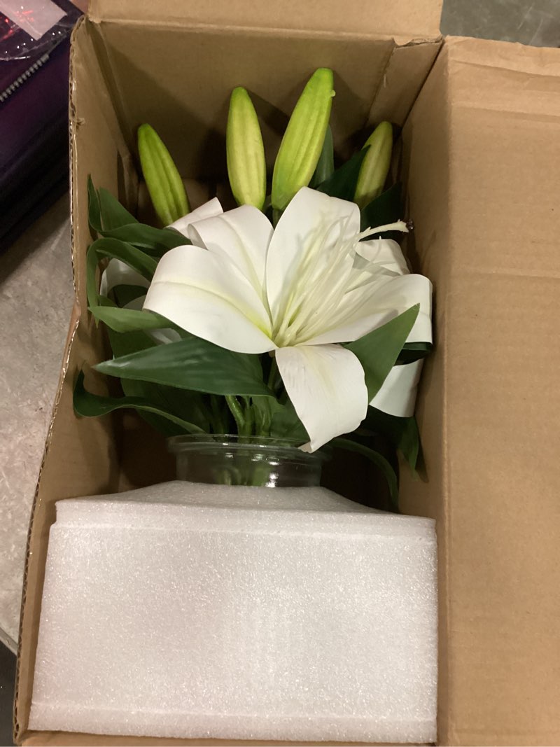 Condition photo showing Good Condition for artificial flowers tiger lily real touch with vase easter lily white lilies silk faux flowers arrangements in glass vase with faux water easter decor fake floral bulk bouquet for office home decor tiger lily, white