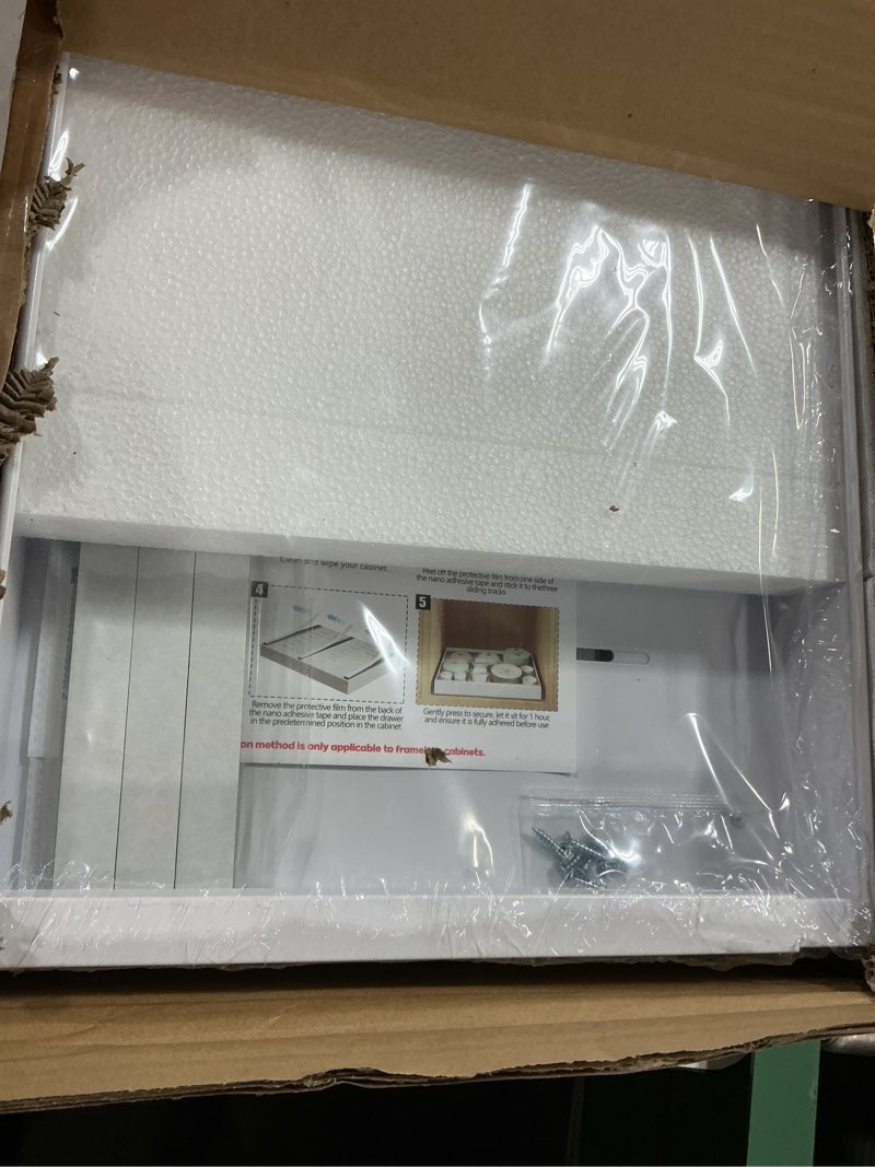 Condition photo showing Good Condition for 2Pack Expandable Pull Out Cabinet Organizer 21"Deep With Raising Pad for Framed Cabinets, Upgrade 3 Slide Rails Slide Out Drawers, Roll Out Shelves Adhesive,Adjustable Width 12.05"-20.4"White