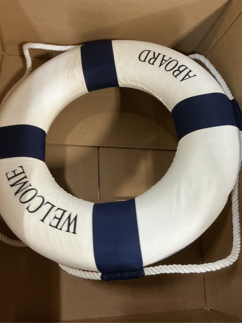 Condition photo showing As Is for MorroMorn Lifebuoy Wall Hanging Decor - Welcome Aboard Mediterranean Style Home Decoration (Navy, 18") Navy 3.00" x 18.00"
