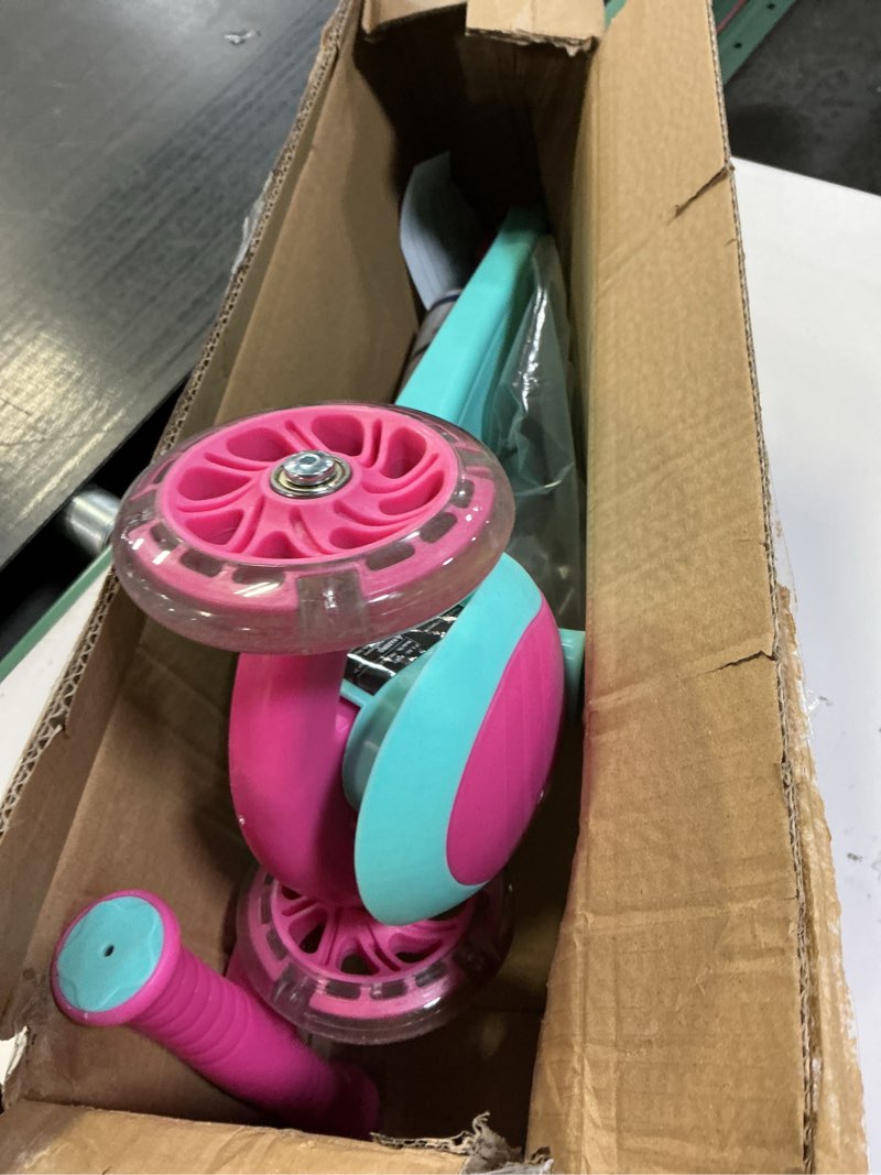 Condition photo showing As Is for 3 wheel scooter for kids, smooth light up led front wheels, wide anti slip deck, rear foot brake, easy lean to steer maneuvering, indoor & outdoor ride on toys for ages 2 up, candy