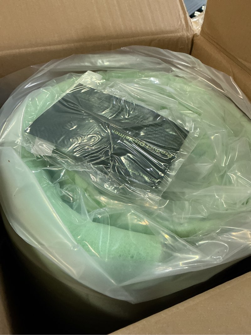 Condition photo showing New/Like New for zinus 3 inch green tea memory foam mattress topper, pressure-relieving layer, ideal for back pain relief, compact wonderbox packaging, certipur-us certified, king green king 3" new small box