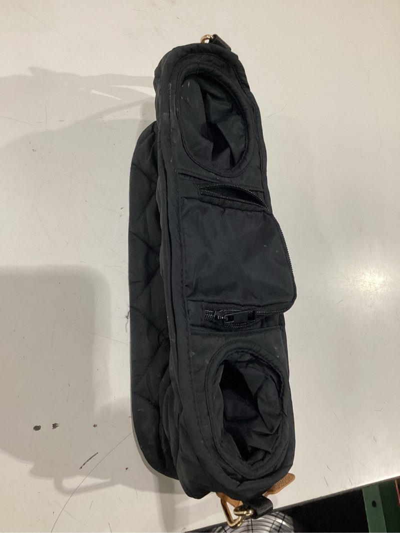 Condition photo showing Good Condition for beautiful stroller caddy organizer with 2 cup holders – luxury stroller bag, universal fit, leather straps & zipper pocket – spacious accessories perfectly fits doona, nuna & uppababy strollers black