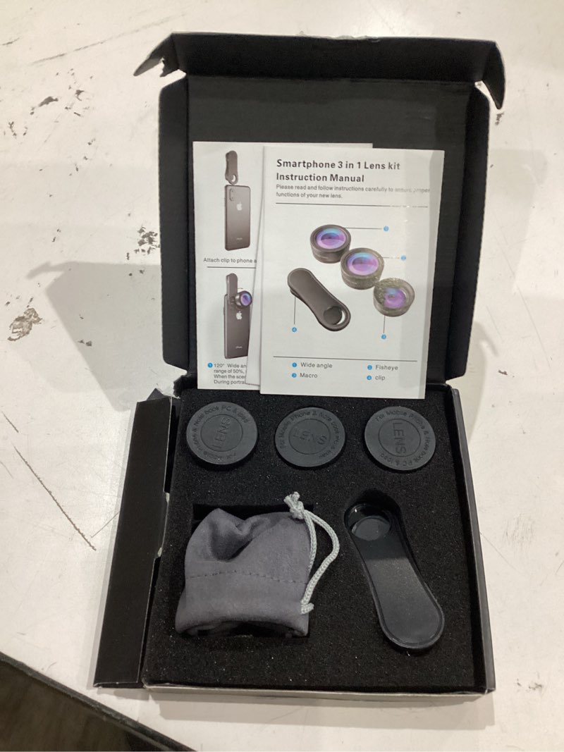 Condition photo showing Good Condition for keywing phone camera lens 3 in 1 phone lens kit, 198 fisheye lens + 120 super wide-angle lens + 20x macro lens for iphone samsung android smartphone black 3in1 set of 3-in-1
