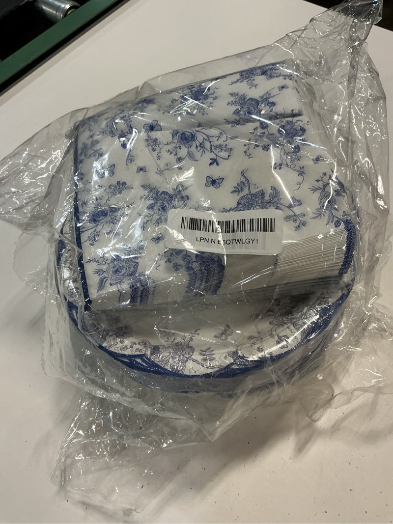 Condition photo showing New/Like New for 200pcs blue and white floral party supplies blue floral paper plates and napkins disposable vintage flower scalloped tableware set for something bridal shower decoration wedding tea party serve50