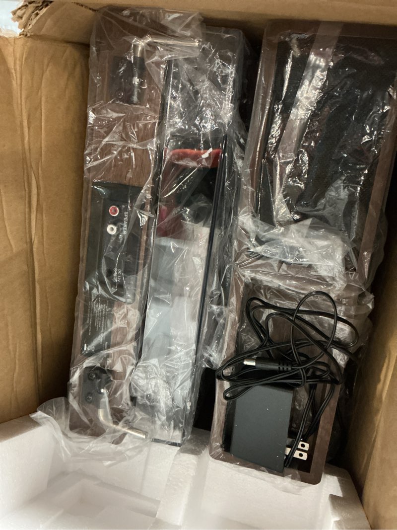 Condition photo showing As Is for Vinyl Record Player with Dual Stereo Bookshelf Speakers Vintage Belt Drive Bluetooth Turntable with External Speakers,Convert Vinyl to MP3,LP Players AUX Headphone Input RCA Out Coffee