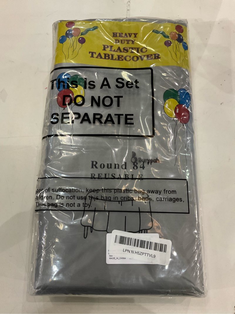 Condition photo showing New/Like New for Buryeah 12 Pcs 84 Inch Silver Gray Round Plastic Disposable Table Cloth Waterproof Tablecloth Circle Table Covers for Bridal Wedding Birthday Party Gender Reveal Baby Shower