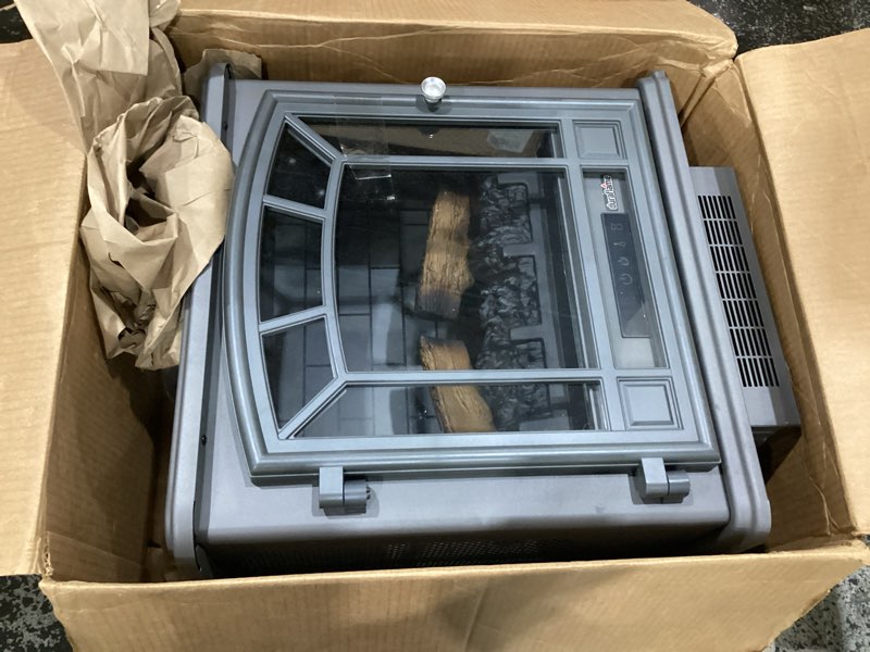 Condition photo showing Good Condition for duraflame electric fireplace stove 1500 watt infrared heater with flickering flame effects - cream, similar to stock photo, metal gray color