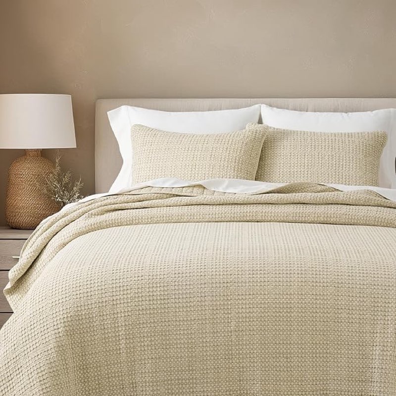 evergrace stonewashed 100% natural cotton waffle quilt set kal/king size 3 pieces, durable, textured & substantial bedding, quilted coverlet bedspread with 2 shams for all seasons, natural