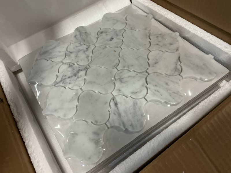 Condition photo showing Good Condition for diflart marble mosaic tile, carrara white, 3 inch arabesque, polished, marble backsplash tiles for kitchen bathroom wall floor, pack of 5 sheets 3 inch arabesque white carrara polished