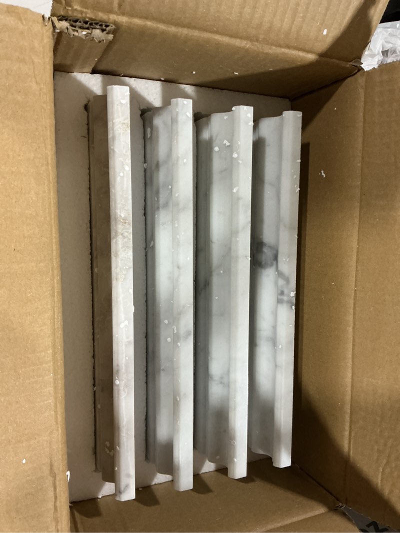 Condition photo showing Good Condition for 4 pack carrara white marble baseboard trim molding 5 x12'' polished wall base moulding for bathroom wall and kitchen backsplas