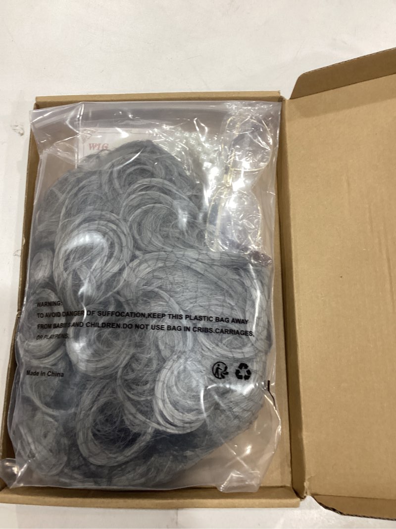 Condition photo showing New/Like New for Yan Dream Short Curly Grey Old Lady Wig Old Women Grandma Wig with Granny Glasses Necklace for Cosplay Halloween Silver Grey