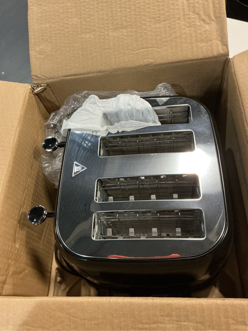 Condition photo showing Good Condition for Amazon Basics 4 Slice Toaster, 6 Browning Settings, Removable Crumb Tray, Bagel and Defrost Function, Cancel Button, 1600W, Black Black 4 Slice Toaster