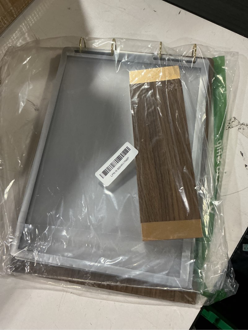 Condition photo showing As Is for a4 walnut wood sign holder vertical table card flip display 6 pages(12 sides),double sided flyer frame with base,table card for picture card store office menu retail show fair (8.5x11")