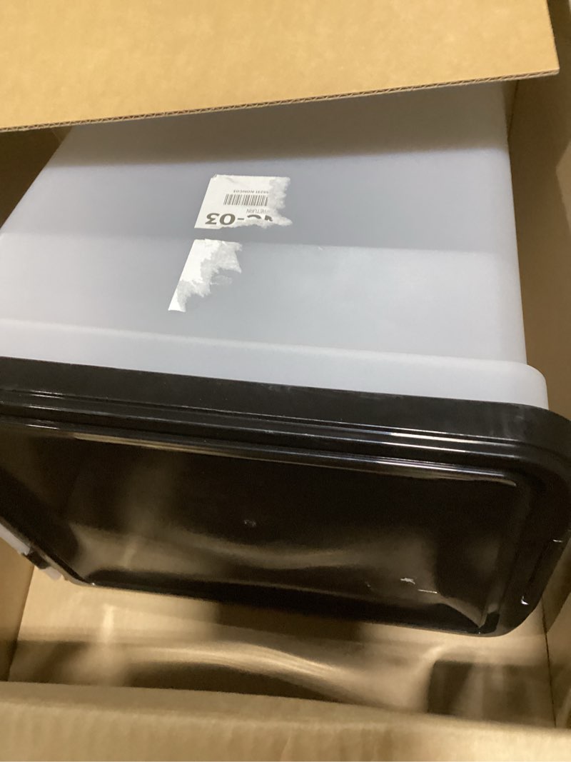 Condition photo showing As Is for iris usa 50 lbs / 65 qt weatherpro airtight pet food storage container with removable casters, for dog cat bird and other pet food storage bin, keep fresh, translucent body, easy mobility, clear/black