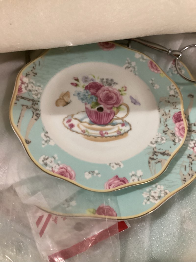 Condition photo showing New/Like New for jusalpha light blue 3-tier ceramic cake stand- cupcake stand- tea party pastry serving platter comes in a gift box- free sugar tong (fd-qd3t) blue, 1 set