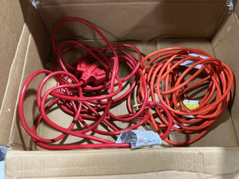 Condition photo showing Good Condition for (bidding on 2 extension cords) sjtw 3 outlet heavy duty outdoor extension cord with circuit breaker plug, water, weather & kink resistant, flame retardant, red, 3 prong grounded plug, cp10142
