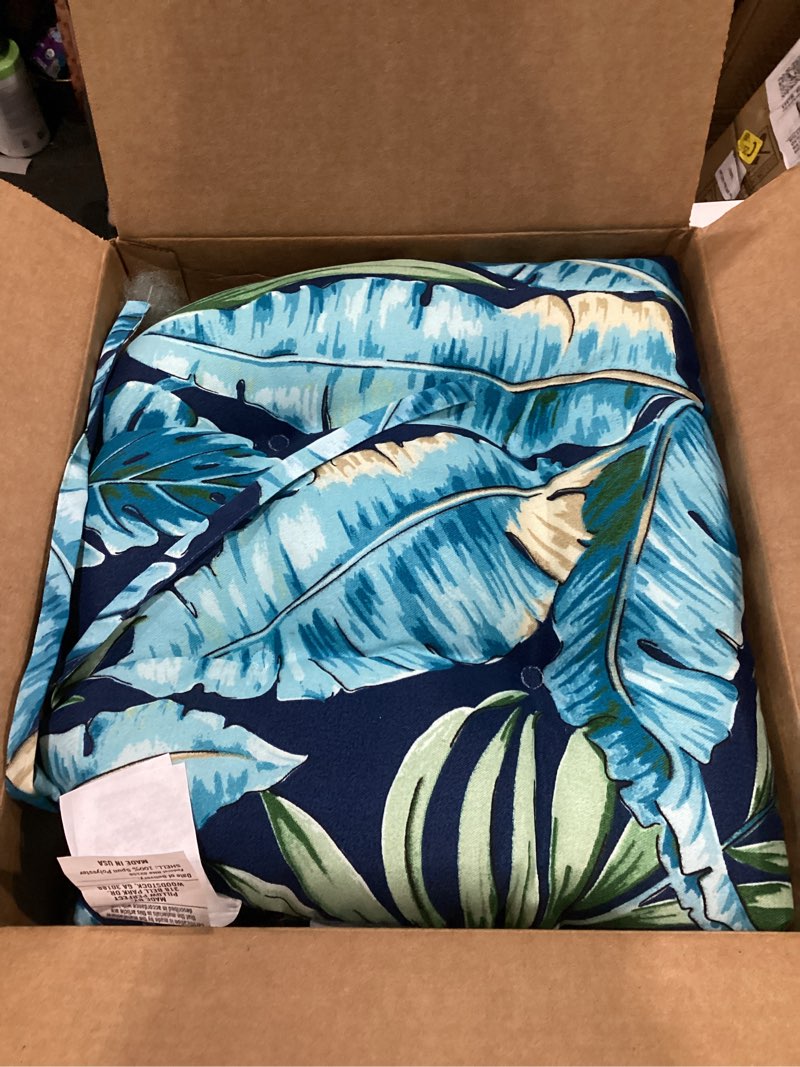 Condition photo showing As Is for Pillow Perfect Tropic Botanical Indoor/Outdoor Tufted Wicker Seat Cushion with Ties, 2 Count, 15.5" x 16", Blue Tortola Midnight 15.5" x 16" Blue Tortola Midnight