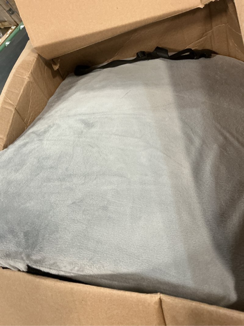 Condition photo showing As Is for recliner foot rest cushion - recilner leg rest cushion with removable semi-cylinder for superior support, adjustable recliner foot rest extender, recilner leg pillow with 2 straps, grey