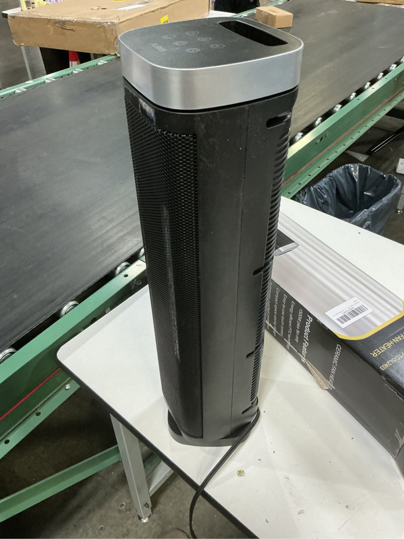 Condition photo showing Good Condition for portable space heater, 1500w ceramic heating fan with thermostat, remote control, 3 heating modes, 70° oscillation, ideal for office, home, and bedroom use