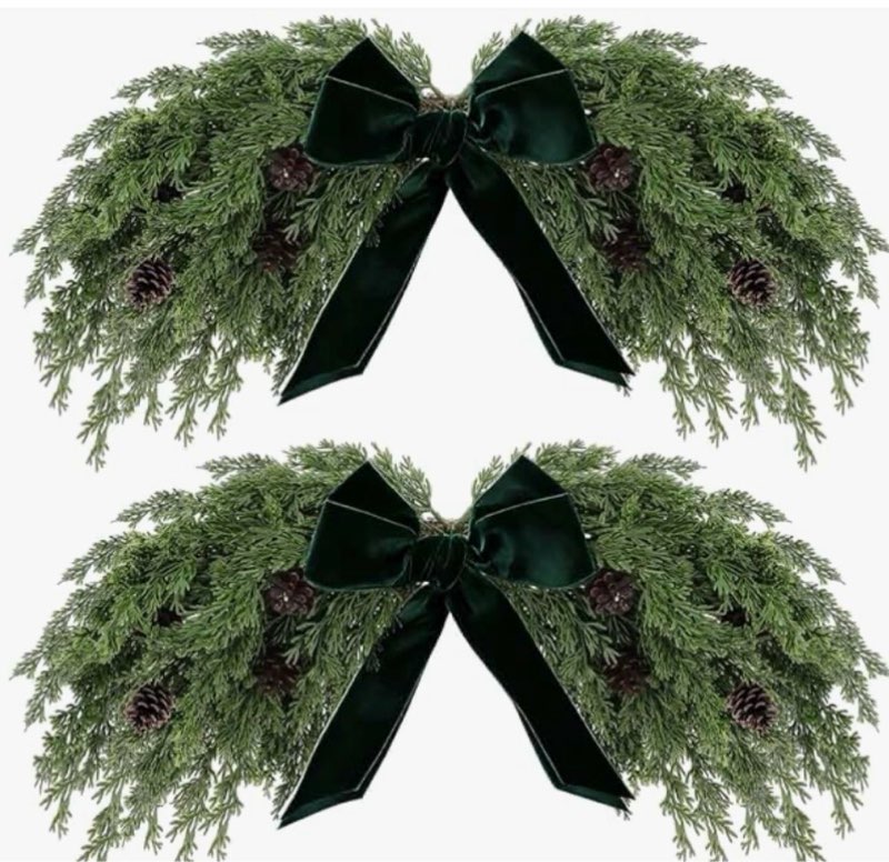 Suncalla 31.5" Christmas Swag for Front Door Rustic Velvet Bow Christmas Centerpiece with Berries fo