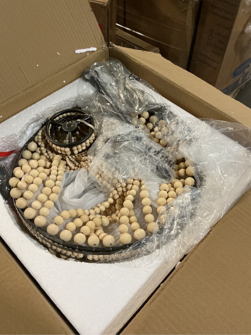 Condition photo showing Good Condition for Farmhouse Wood Beaded Chandelier Boho Light Fixture, Black Metal White Oak Wooden Chandeliers Rustic Kitchen Island Pendant Lighting for Dining Room,Bedrooms, Kitchen,Entryway, Foyer, Living Room