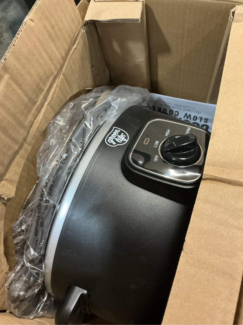 Condition photo showing As Is for greenlife 3.5qt slow cooker, pfas-free non-toxic ceramic nonstick removable interior bowl, programmable, keep warm, stovetop & oven safe pot, dishwasher safe crock & glass lid, black black 3.5 quarts