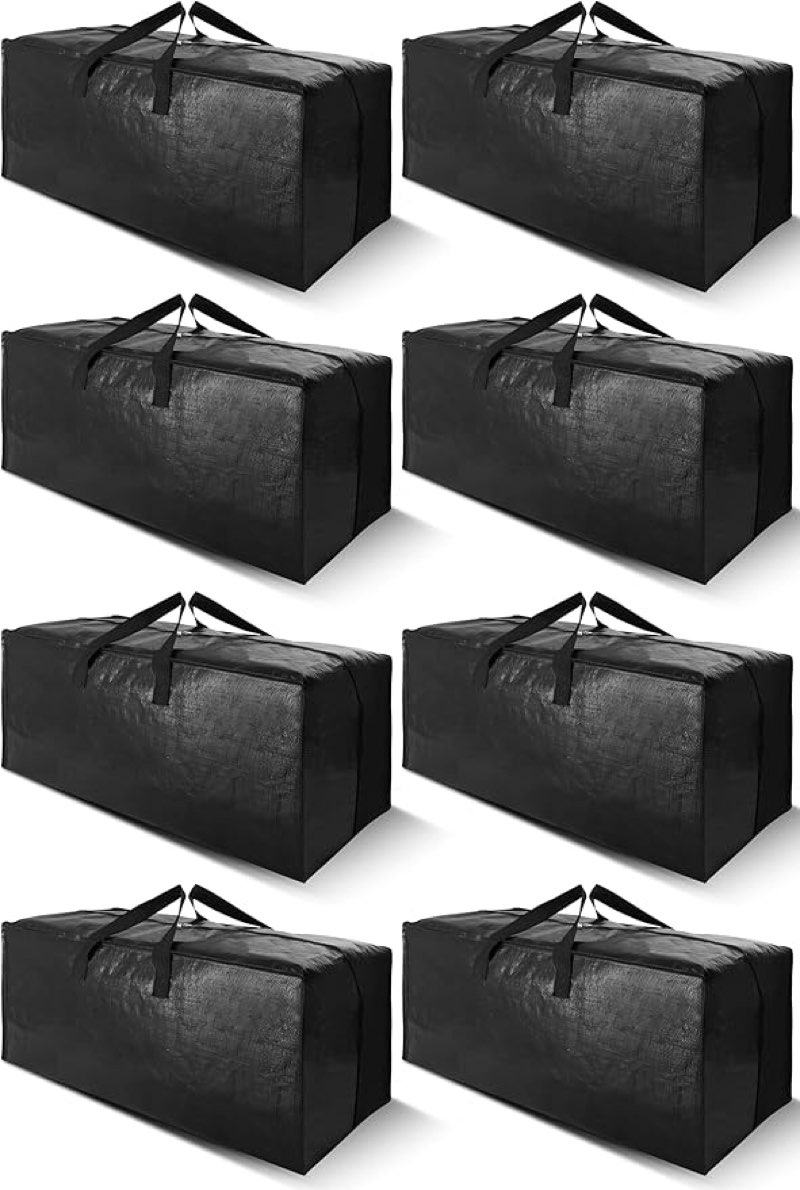 cosy family 8 pack heavy duty extra large moving bags with backpack straps - strong handles & zippers, storage totes for space saving, fold flat, alternative to moving box (set of 8, black)