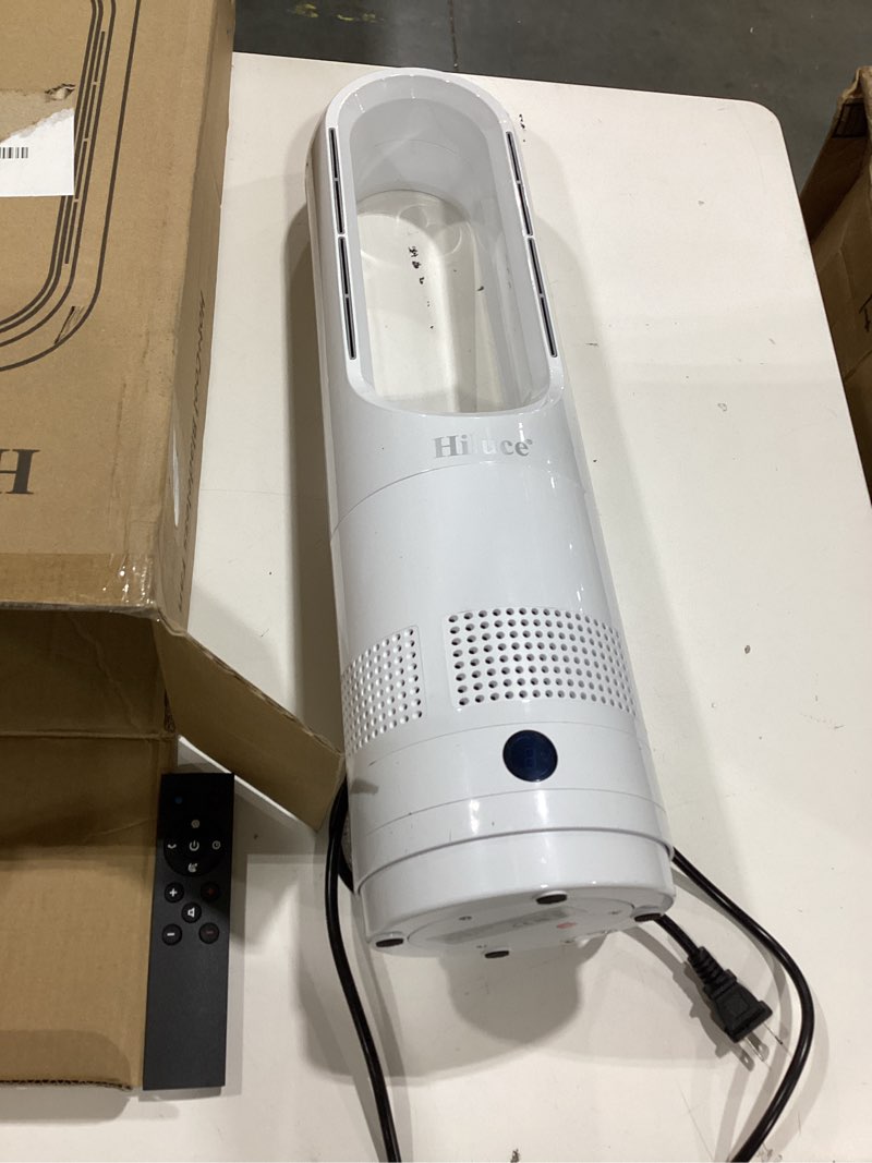 Condition photo showing As Is for hiluce all season bladeless fan, 1400w space heater & 40w tower fan combo with remote,25db quiet heater fan combo for indoor use,tip over and overheat protection 80°oscillation,8levels, 9h timer,22"