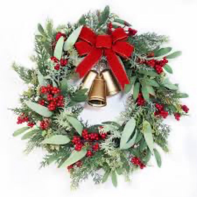 21 Inch Christmas Wreath for Front Door, Artificial Greenery Faux Cedar Wreath with Red Velvet Bow a
