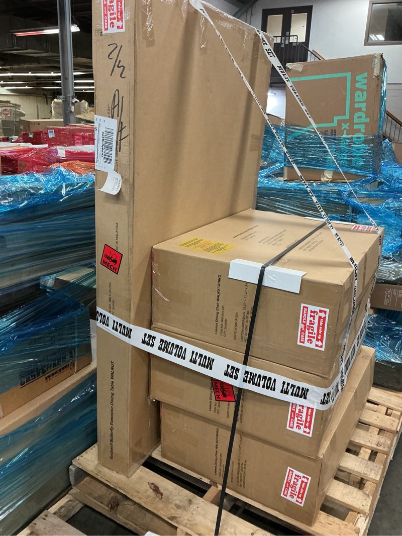 Condition photo showing item condition for Amazonia Pluma 7 Piece Natural Walnut Dining Set Rectangular Living Dining Set, Gray Chairs for 6 Indoor Ideal for Family