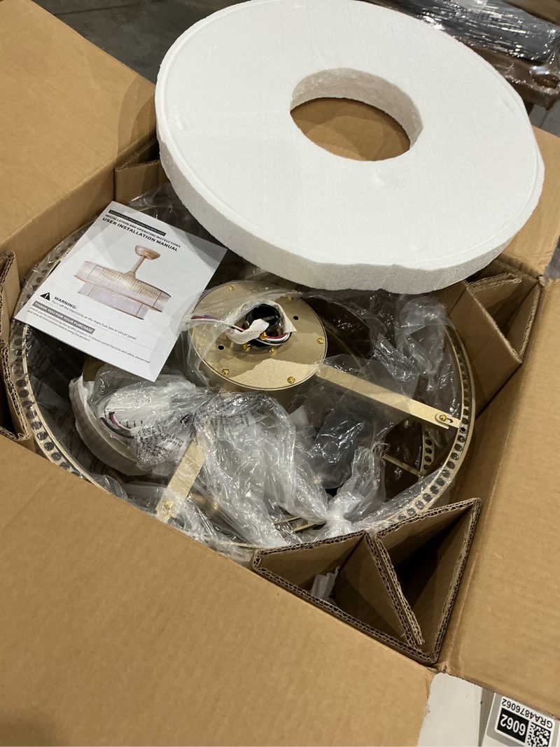Condition photo showing Good Condition for 20 inch gold crystal fandelier ceiling fan with light, mid century gold fandelier ceiling fans with lights remote control, caged with 6 speeds for bedroom, nursery, living room(us-fs-sj03) gold crystal chandelier fan
