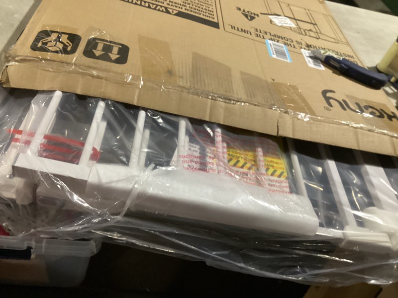 Condition photo showing As Is for keny 29"-42.5" Baby Gate for Stairs, Auto Close Safety Dog Gate, Pressure Mounted Easy Walk Through Pet Gate for Doorways, Durable Stair Gate, 30" Tall, White White 29-42.5"Wide, 30"Tall