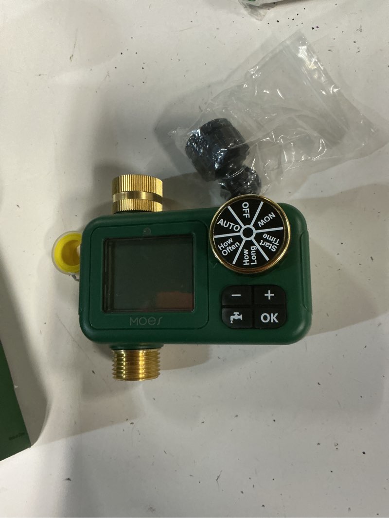 Condition photo showing Good Condition for moes 1 zone water timer for garden hose, 3/4 in brass inlet and outlet, battery operated sprinkler timer, programmable faucet valve, rain delay, manual watering, non-wifi 1 zone (single outlet)