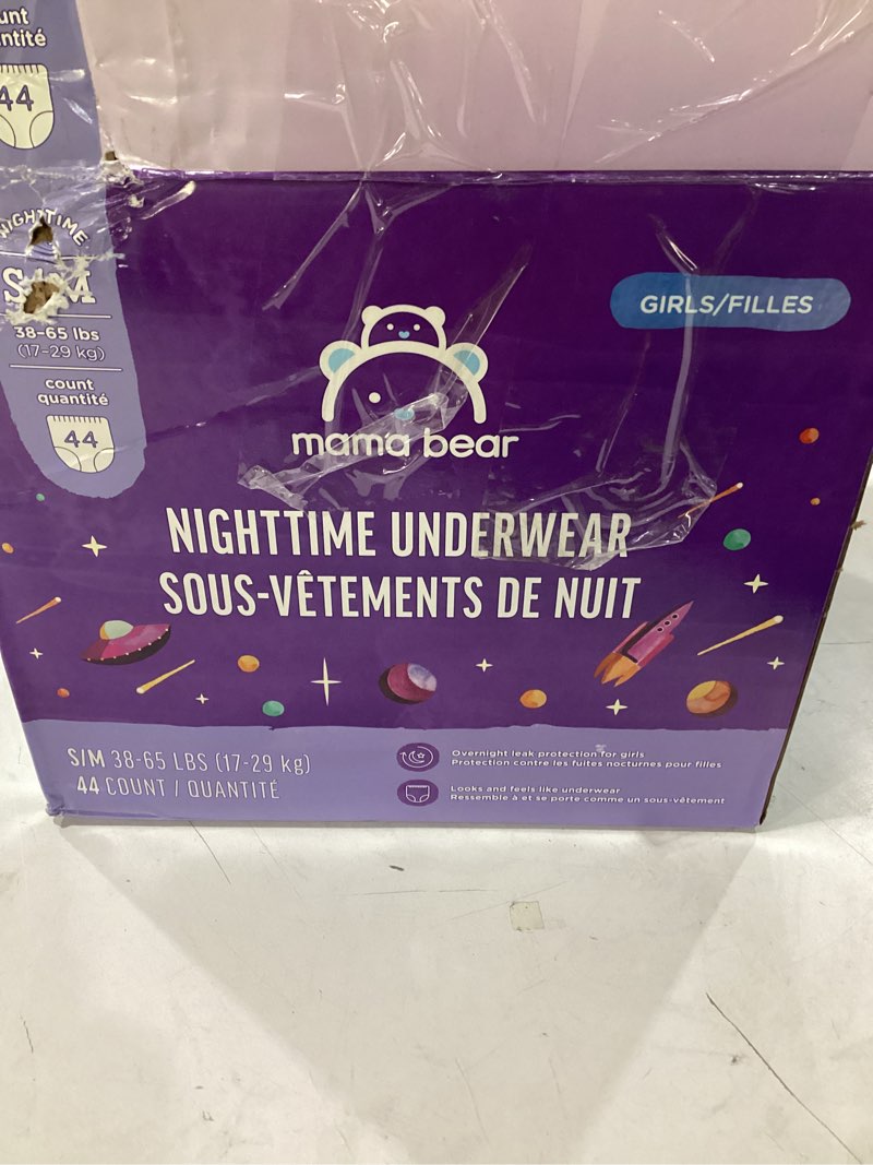 amazon brand - mama bear girl's nighttime underwear for bedwetting, overnight protection, hypoallergenic, size s/m (38-65 lbs), 44 count, white