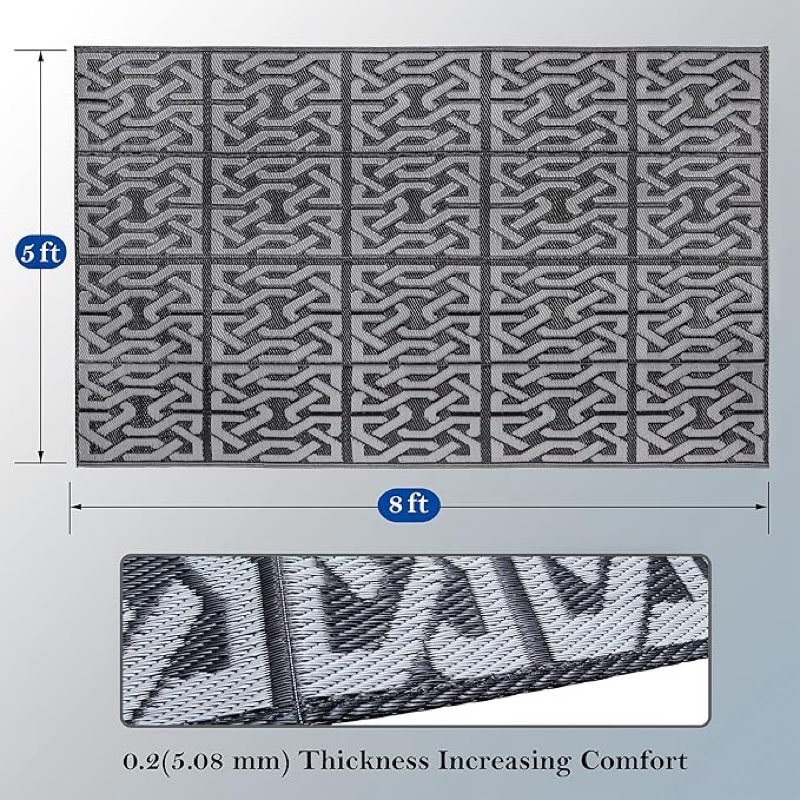 SAND MINE Reversible Mats, Plastic Straw Rug, Modern Area Rug, Large Floor Mat and Rug for Outdoors, RV, Patio, Backyard, Deck, Picnic, Beach, Trailer, Camping (5' x 8', Black & Grey)