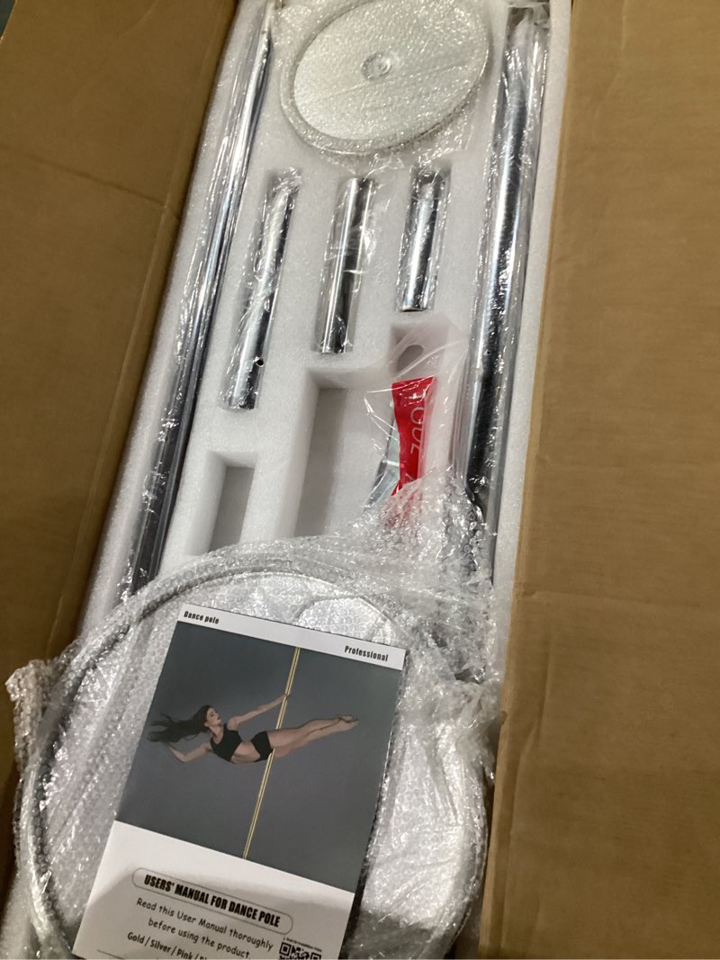 Condition photo showing New/Like New for prior fitness premium dance pole removable 45mm spinning & static dancing pole heavy-duty steel pole dancing pole, adjustable height professional grade excellent for home exercise club gym silver