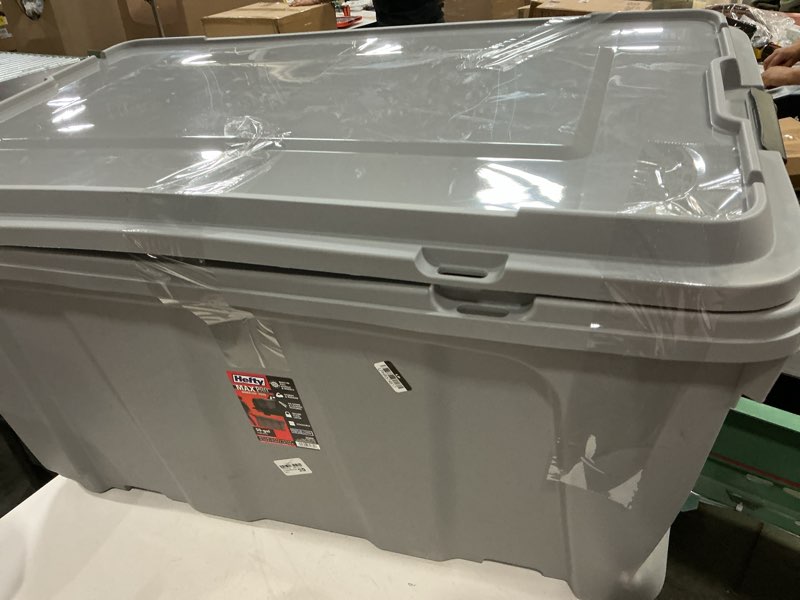 Condition photo showing As Is for hefty 50gal max pro storage tote alloy gray