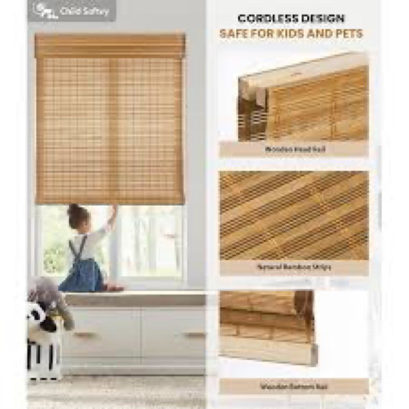 LazBlinds No Tools No Drill Cordless Bamboo Roman Shades, Light Filtering Window Treatment, Roll Up 