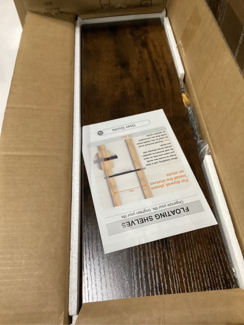 Condition photo showing New/Like New for bayka floating shelves set of 2, 22.5 inches farmhouse rustic wood wall mounted shelves for bathroom, bedroom, living room or kitchen, hanging shelf decor book with 22lbs capacity, rustic brown