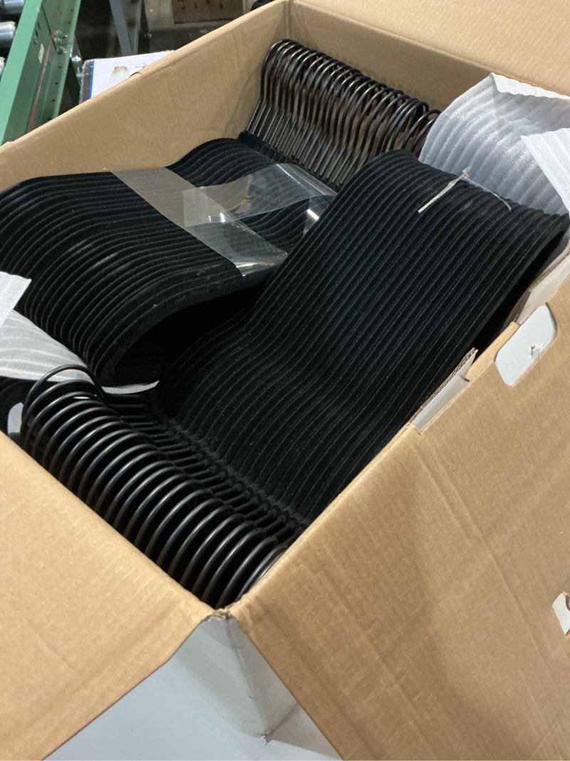 Condition photo showing Good Condition for house day premium velvet hangers, non-slip flocked felt, sturdy coat & suit hangers for closet space saving (100 pack, black) 100 pack black