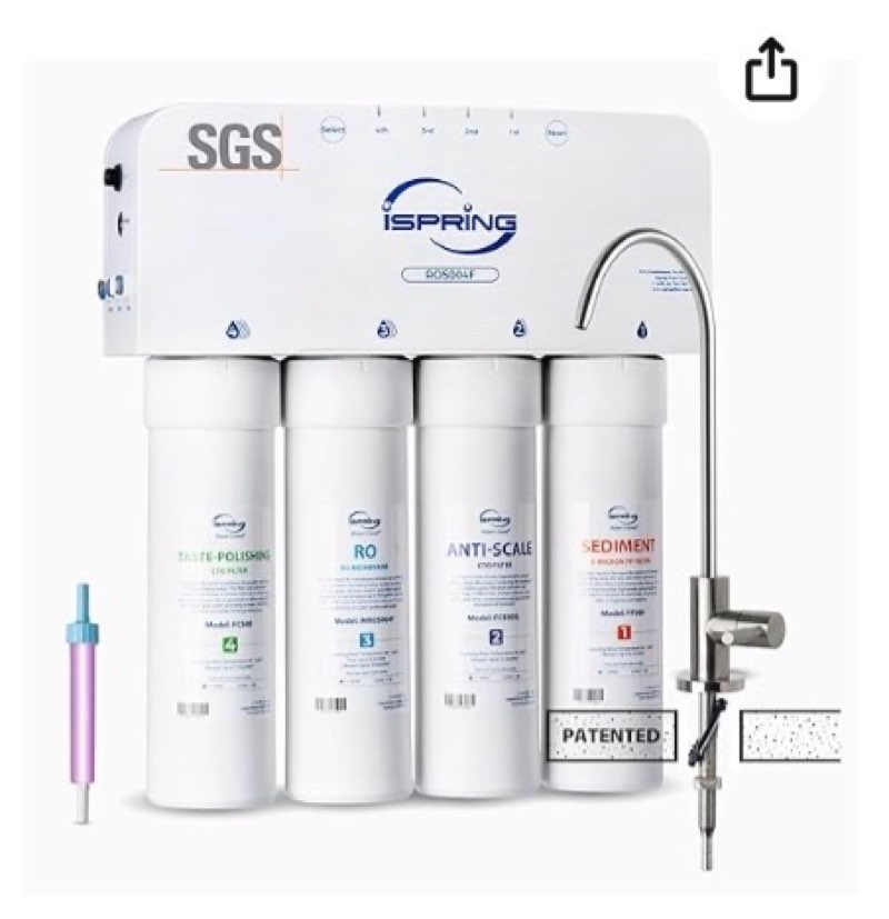 iSpring RO5004F Reverse Osmosis Water Filter with UV, SGS Tested PFAS and TDS Reduction, 500 GPD RO System Under Sink, 2:1 Pure to Drain, Tankless RO Water Filtration System, Filter Life Monitor