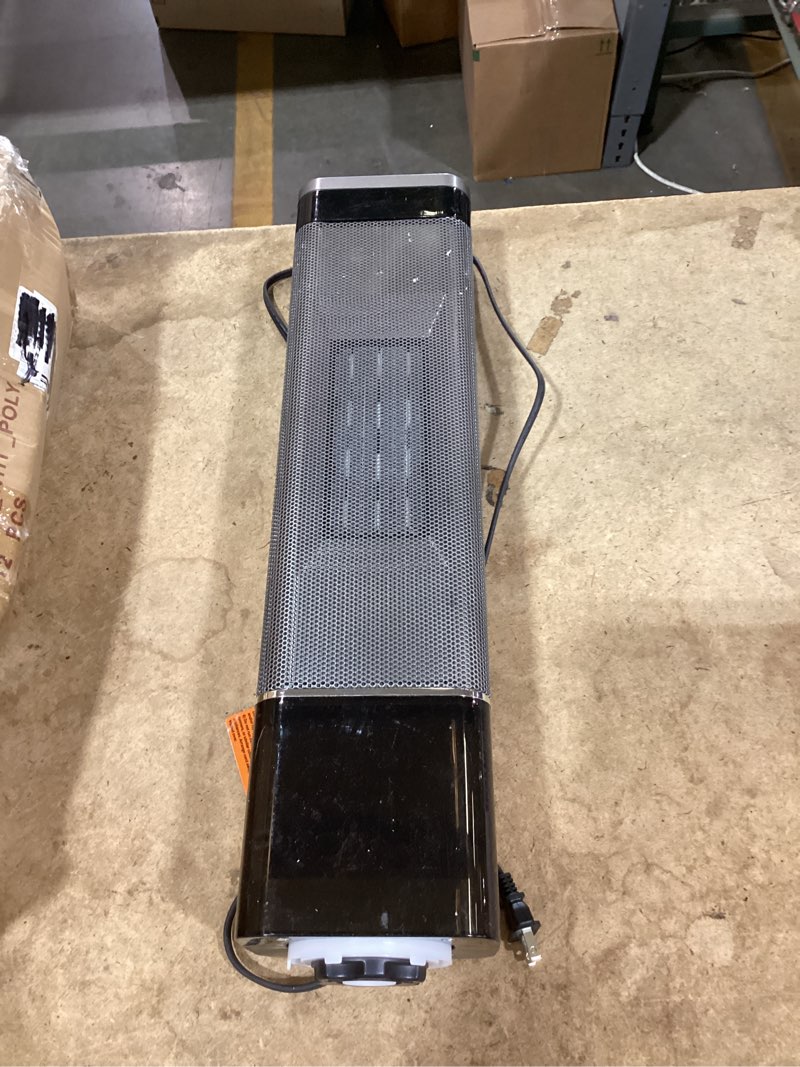 Condition photo showing As Is for sweetcrispy space heater for indoor use, 24inch portable heater with remote and thermostat,3 light modes, 60°oscillation, 12h timer, up to 99°f, tip-over protection,sliver sliver 24"*8.5"*6.7"