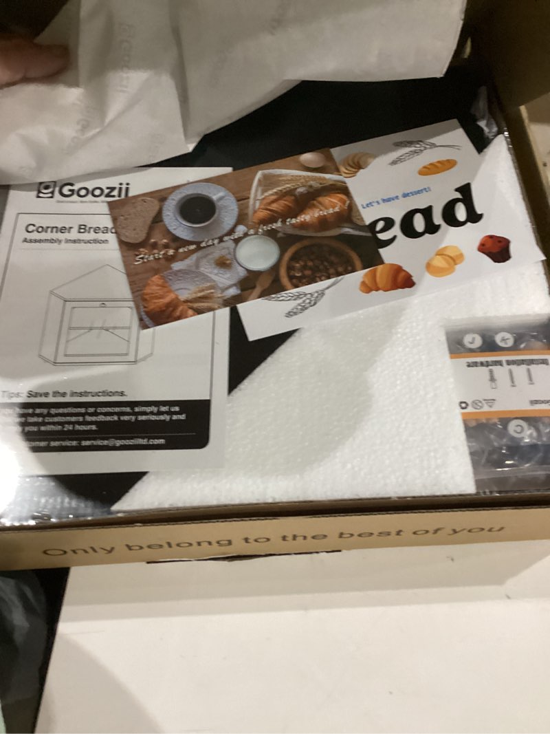 Condition photo showing New/Like New for Corner Bread Box for Kitchen Countertop, Black Bread Storage Container for Homemade Bread, Two Layer Breadbox under Cabinet Mount, Large Bread Holder for Kitchen Counter, Pantry Shelf