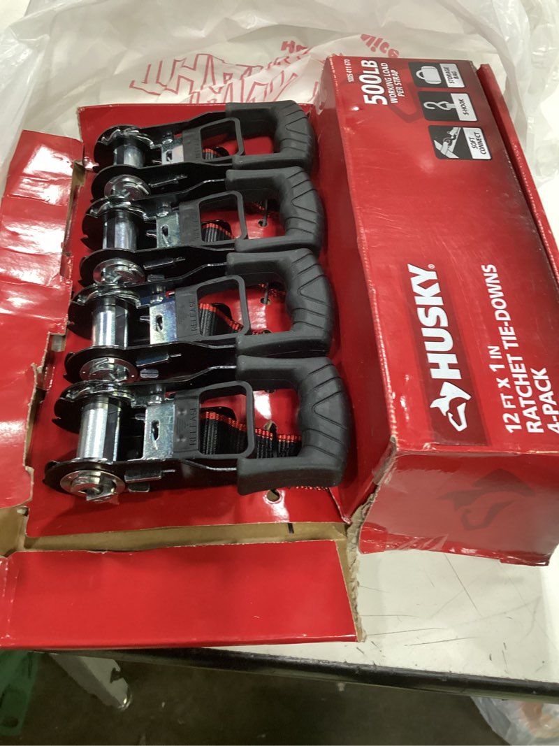 Condition photo showing Good Condition for husky 1 in. x 12 ft. ratchet tie down with s hook (4-pack)