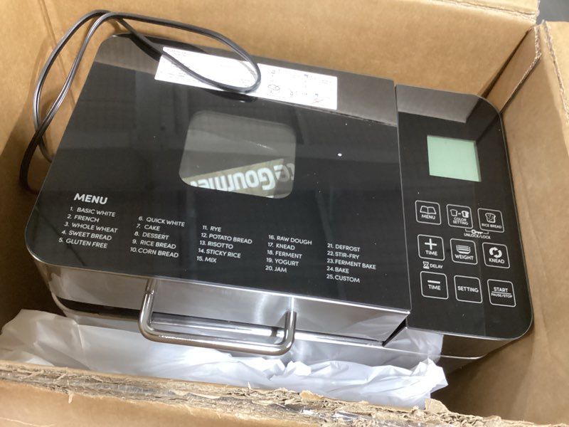 Condition photo showing Good Condition for elite gourmet programmable 2-lb bread maker, pfas free ceramic ceralast™ pan, touch screen control panel, 19 functions, gluten free, white, wheat, rye & more, 3 loaf sizes, stainless steel blk/stainless steel