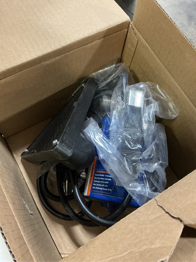 Condition photo showing As Is for pump with hose, 115v 1/10hp 330gph power water pump transfer drain pump, with suction hose kit. 1/10hp portable pump-blue