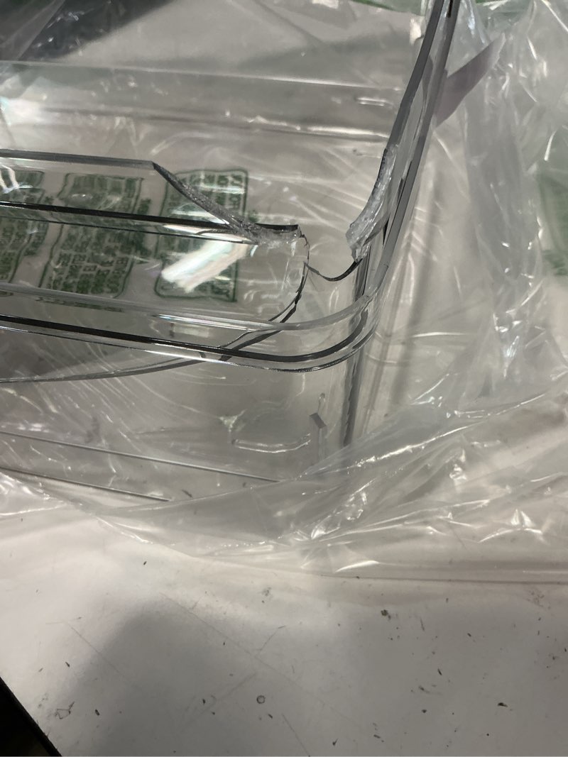Condition photo showing As Is for isaac jacobs 2-pack large clear storage bins (11.5” l x 14” w x 5.5” h) w/cutout handles, plastic organizer for home, office, kitchen, fridge/freezer, bathroom, bpa free, food safe (large) 2 large