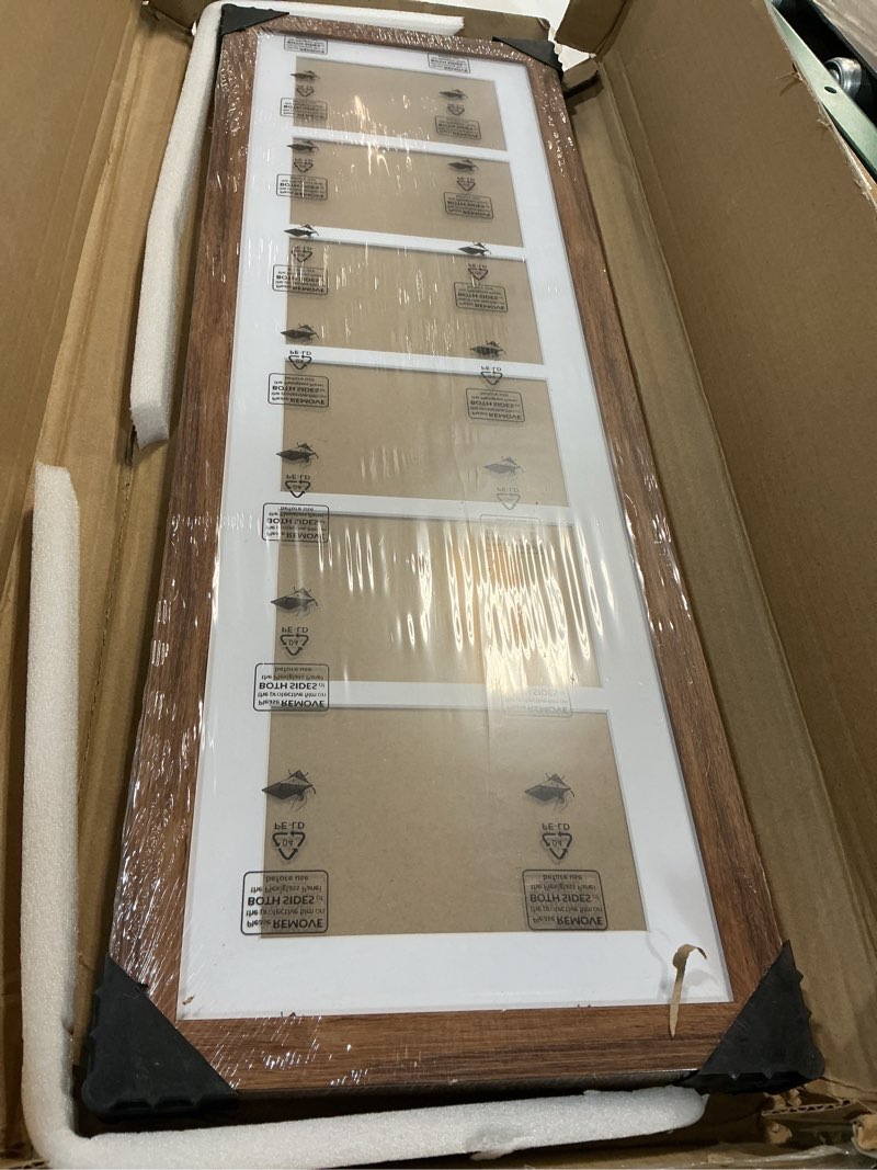 Condition photo showing Good Condition for 8x26 Collage frame with 6 Openings 4X6 Pictures, Multiple Picture Frame with Mat, Wall or Tabletop Decor, Carbonized Brown Wood Grain,2 Pack Carbonized Brown 8x26 - (6 open 4x6)